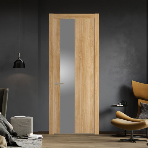 Межкомнатная дверь ProfilDoors 19 NE Дуб Карамель с кромкой Никель с стекляной вставкой серебро матлак