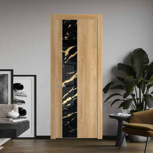 Межкомнатная дверь ProfilDoors 19 NE Дуб Карамель с кромкой Никель с стекляной вставкой нефи черный узор золото