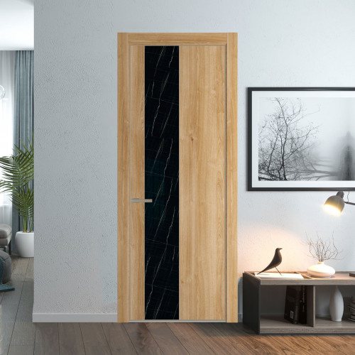 Межкомнатная дверь ProfilDoors 19 NE Дуб Карамель с кромкой Никель с стекляной вставкой неро мрамор