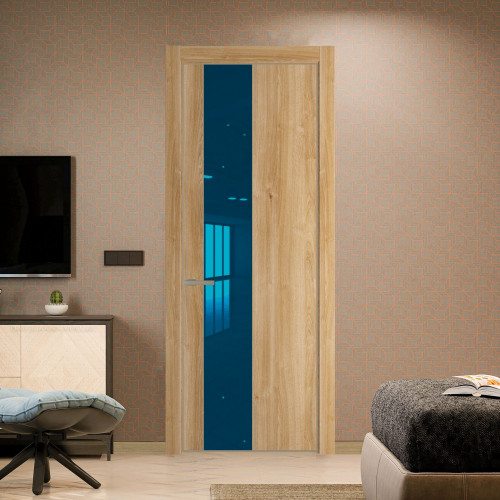 Межкомнатная дверь ProfilDoors 19 NE Дуб Карамель с кромкой Никель с стекляной вставкой зеркало blue
