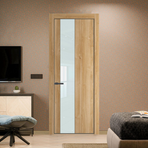 Межкомнатная дверь ProfilDoors 19 NE Дуб Карамель с кромкой Серая Ночь с стекляной вставкой белый лак