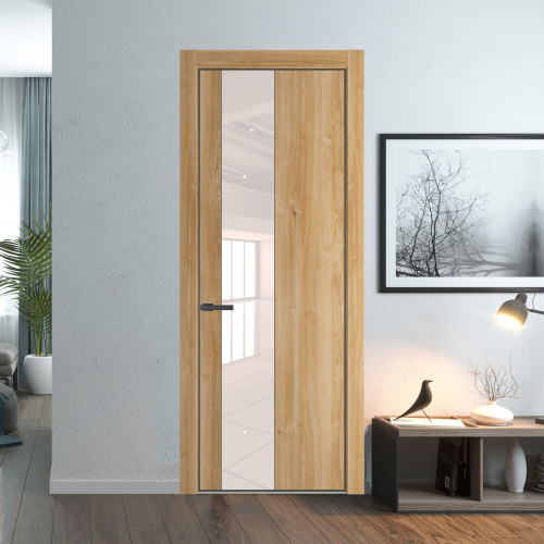 Межкомнатная дверь ProfilDoors 19 NE Дуб Карамель с кромкой Серая Ночь с стекляной вставкой перламутровый лак