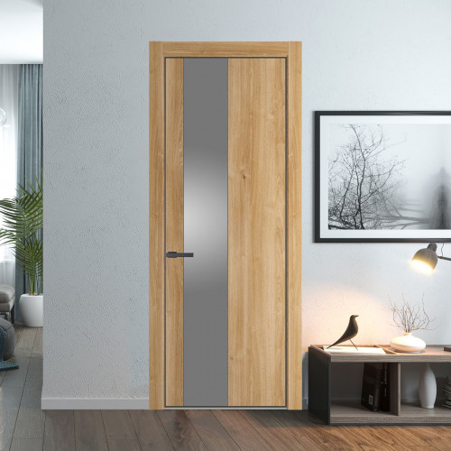 Межкомнатная дверь ProfilDoors 19 NE Дуб Карамель с кромкой Серая Ночь с стекляной вставкой серебро матлак