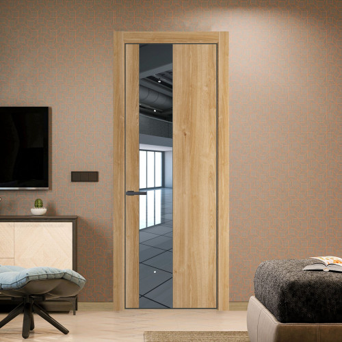 Межкомнатная дверь ProfilDoors 19 NE Дуб Карамель с кромкой Серая Ночь с стекляной вставкой зеркало