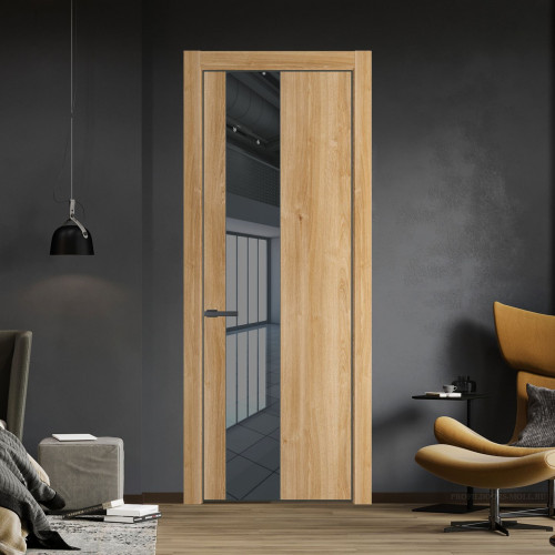 Межкомнатная дверь ProfilDoors 19 NE Дуб Карамель с кромкой Серая Ночь с стекляной вставкой зеркало grey