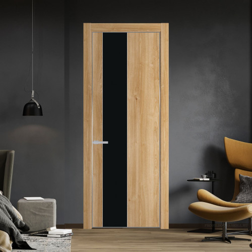 Межкомнатная дверь ProfilDoors 19 NE Дуб Карамель с кромкой Серебро с стекляной вставкой монохром черный