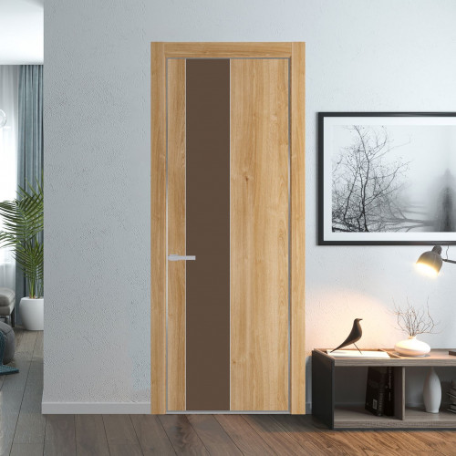Межкомнатная дверь ProfilDoors 19 NE Дуб Карамель с кромкой Серебро с стекляной вставкой монохром гляссе