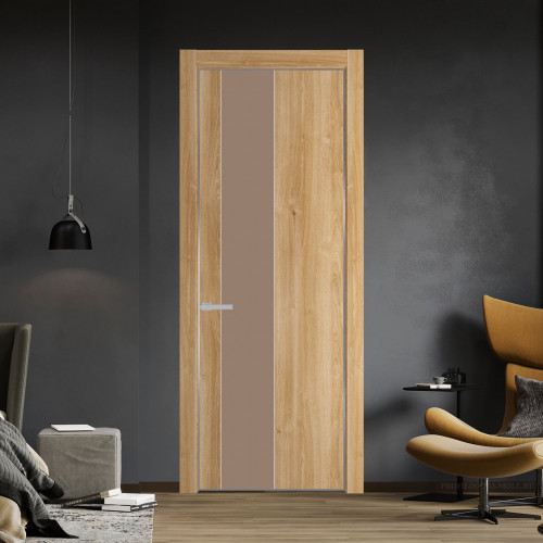 Межкомнатная дверь ProfilDoors 19 NE Дуб Карамель с кромкой Серебро с стекляной вставкой монохром капучино