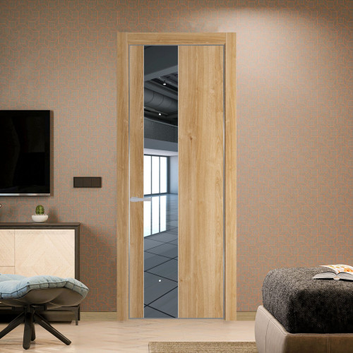 Межкомнатная дверь ProfilDoors 19 NE Дуб Карамель с кромкой Серебро с стекляной вставкой зеркало
