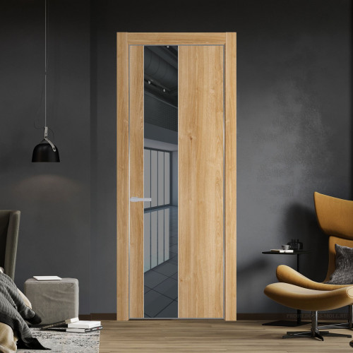 Межкомнатная дверь ProfilDoors 19 NE Дуб Карамель с кромкой Серебро с стекляной вставкой зеркало grey