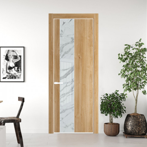 Межкомнатная дверь ProfilDoors 19 NE Дуб Карамель с кромкой Вайт с стекляной вставкой нефи белый узор серебро