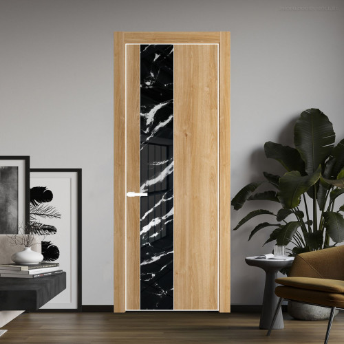 Межкомнатная дверь ProfilDoors 19 NE Дуб Карамель с кромкой Вайт с стекляной вставкой нефи черный узор серебро