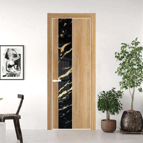 Межкомнатная дверь ProfilDoors 19 NE Дуб Карамель с кромкой Вайт с стекляной вставкой нефи черный узор золото