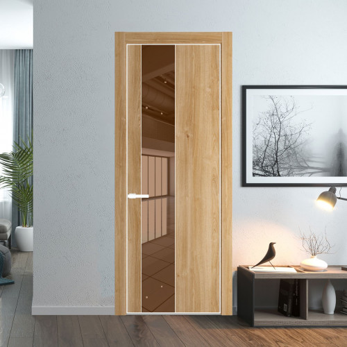 Межкомнатная дверь ProfilDoors 19 NE Дуб Карамель с кромкой Вайт с стекляной вставкой зеркало bronze