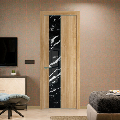 Межкомнатная дверь ProfilDoors 19 NE Дуб Карамель с кромкой Зеленый воск с стекляной вставкой нефи черный узор серебро