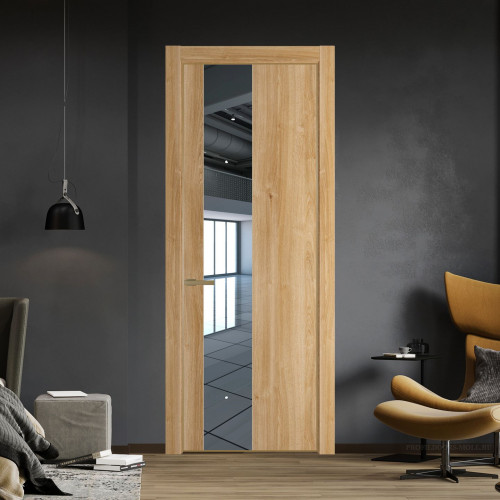 Межкомнатная дверь ProfilDoors 19 NE Дуб Карамель с кромкой Золото с стекляной вставкой зеркало