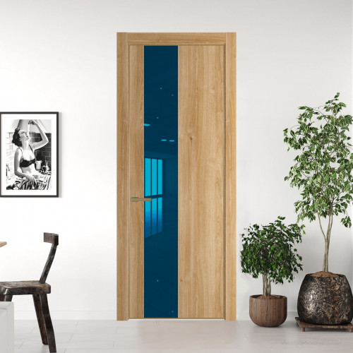 Межкомнатная дверь ProfilDoors 19 NE Дуб Карамель с кромкой Золото с стекляной вставкой зеркало blue