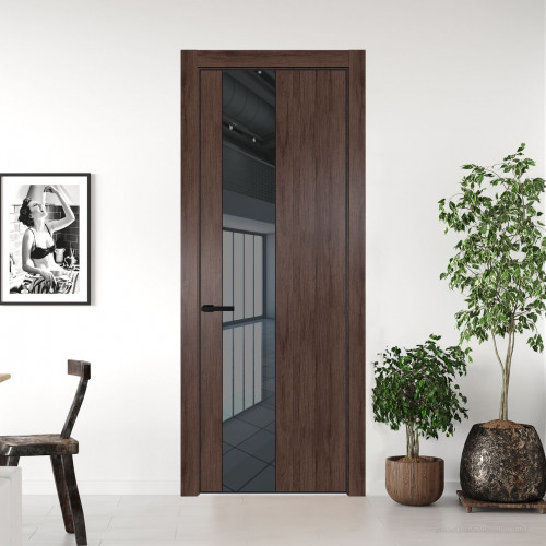 Межкомнатная дверь ProfilDoors 19 NE Дуб Тобакко с кромкой Черный с стекляной вставкой зеркало grey