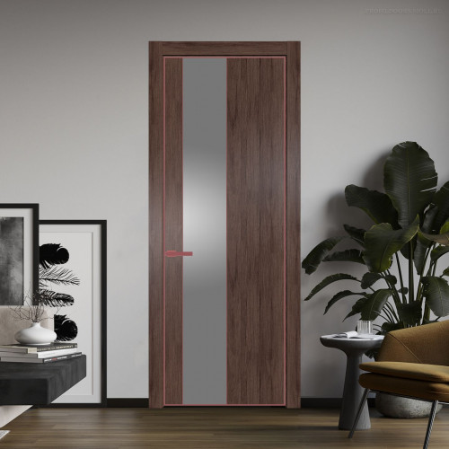 Межкомнатная дверь ProfilDoors 19 NE Дуб Тобакко с кромкой Красный антрацит с стекляной вставкой серебро матлак