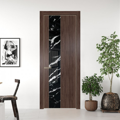 Межкомнатная дверь ProfilDoors 19 NE Дуб Тобакко с кромкой Никель с стекляной вставкой нефи черный узор серебро