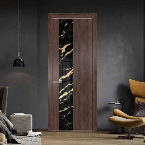 Межкомнатная дверь ProfilDoors 19 NE Дуб Тобакко с кромкой Никель с стекляной вставкой нефи черный узор золото