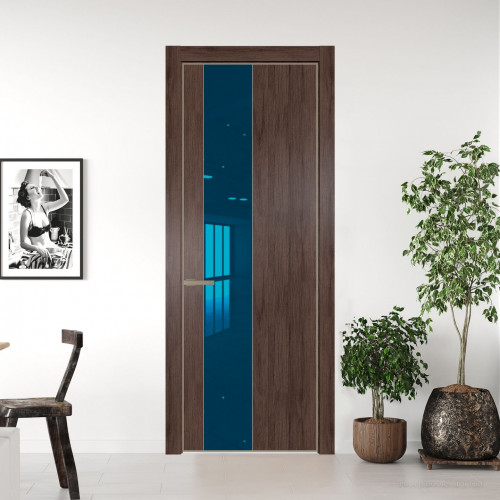 Межкомнатная дверь ProfilDoors 19 NE Дуб Тобакко с кромкой Никель с стекляной вставкой зеркало blue