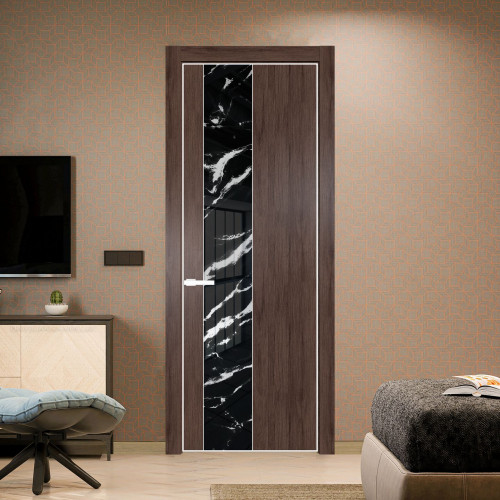 Межкомнатная дверь ProfilDoors 19 NE Дуб Тобакко с кромкой Вайт с стекляной вставкой нефи черный узор серебро