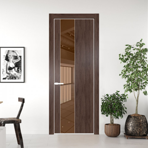 Межкомнатная дверь ProfilDoors 19 NE Дуб Тобакко с кромкой Вайт с стекляной вставкой зеркало bronze