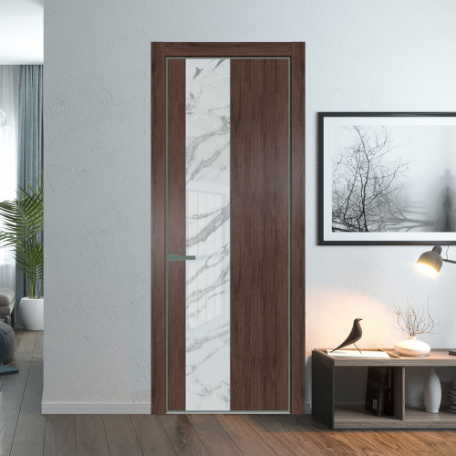 Межкомнатная дверь ProfilDoors 19 NE Дуб Тобакко с кромкой Зеленый воск с стекляной вставкой нефи белый узор серебро