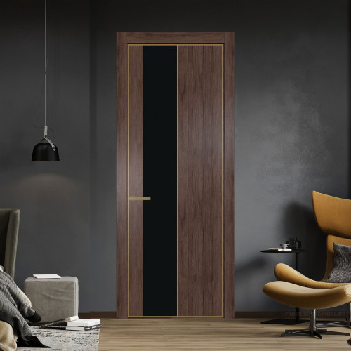 Межкомнатная дверь ProfilDoors 19 NE Дуб Тобакко с кромкой Золото с стекляной вставкой монохром черный