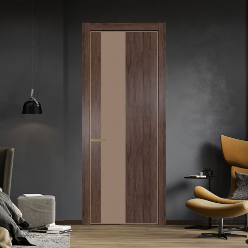 Межкомнатная дверь ProfilDoors 19 NE Дуб Тобакко с кромкой Золото с стекляной вставкой монохром капучино