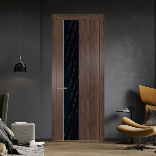 Межкомнатная дверь ProfilDoors 19 NE Дуб Тобакко с кромкой Золото с стекляной вставкой неро мрамор