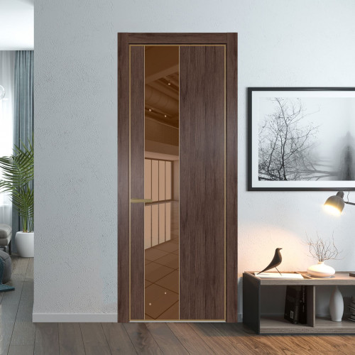 Межкомнатная дверь ProfilDoors 19 NE Дуб Тобакко с кромкой Золото с стекляной вставкой зеркало bronze