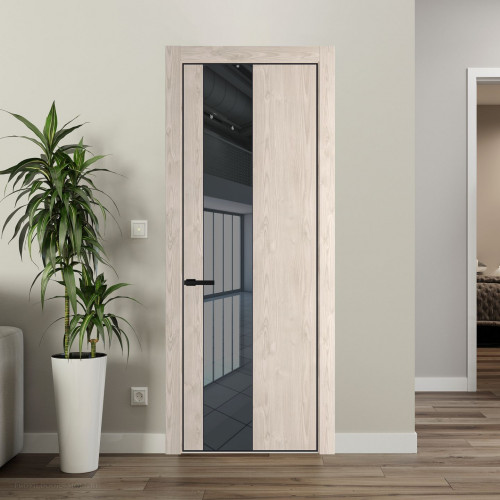 Межкомнатная дверь ProfilDoors 19 NE Каштан светлый с кромкой Черный с стекляной вставкой зеркало grey