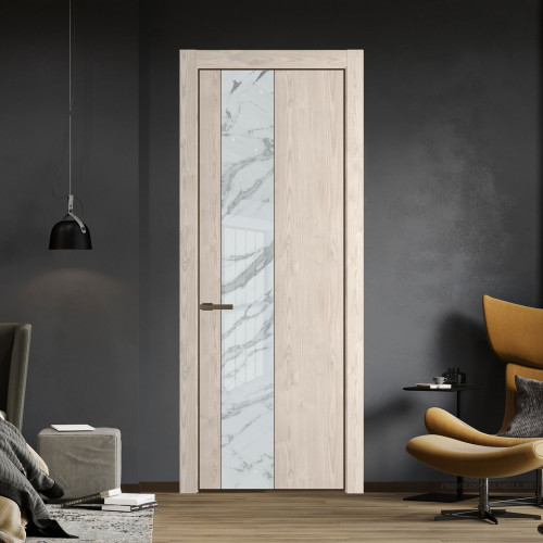 Межкомнатная дверь ProfilDoors 19 NE Каштан светлый с кромкой Деорэ с стекляной вставкой нефи белый узор серебро