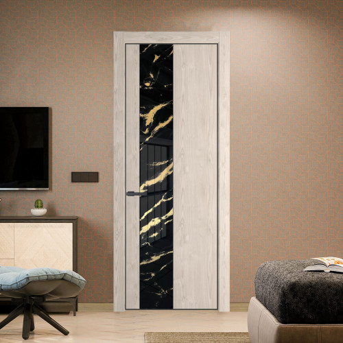 Межкомнатная дверь ProfilDoors 19 NE Каштан светлый с кромкой Серая Ночь с стекляной вставкой нефи черный узор золото