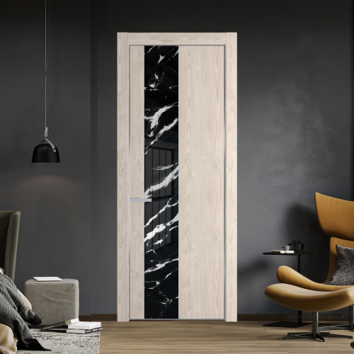 Межкомнатная дверь ProfilDoors 19 NE Каштан светлый с кромкой Серебро с стекляной вставкой нефи черный узор серебро