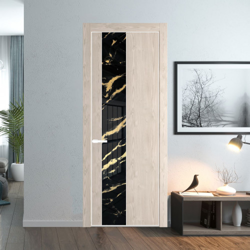 Межкомнатная дверь ProfilDoors 19 NE Каштан светлый с кромкой Вайт с стекляной вставкой нефи черный узор золото
