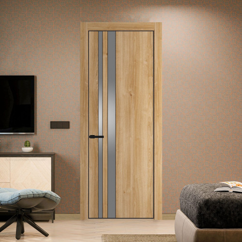 Межкомнатная дверь ProfilDoors 20 NE Дуб Карамель с кромкой Черный с стекляной вставкой серебро матлак