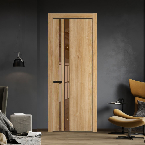 Межкомнатная дверь ProfilDoors 20 NE Дуб Карамель с кромкой Черный с стекляной вставкой зеркало bronze