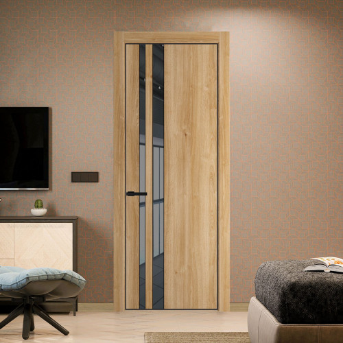 Межкомнатная дверь ProfilDoors 20 NE Дуб Карамель с кромкой Черный с стекляной вставкой зеркало grey