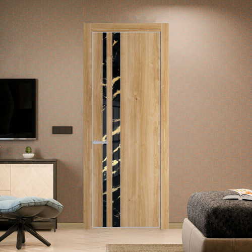 Межкомнатная дверь ProfilDoors 20 NE Дуб Карамель с кромкой Матовая с стекляной вставкой нефи черный узор золото