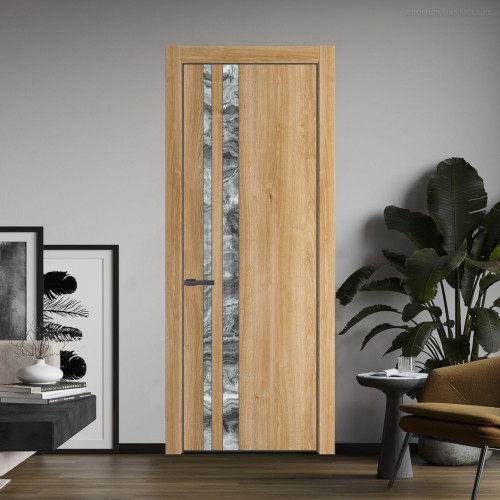 Межкомнатная дверь ProfilDoors 20 NE Дуб Карамель с кромкой Серая Ночь с стекляной вставкой атриум серебро