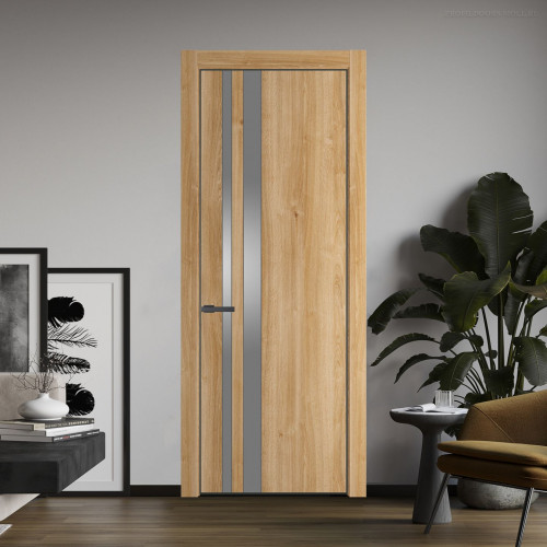 Межкомнатная дверь ProfilDoors 20 NE Дуб Карамель с кромкой Серая Ночь с стекляной вставкой серебро матлак