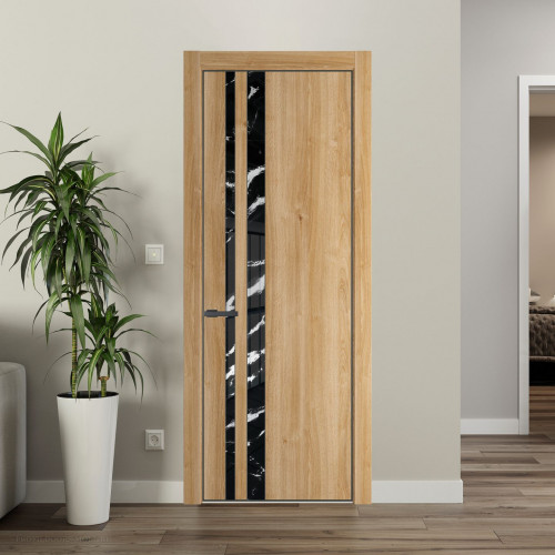Межкомнатная дверь ProfilDoors 20 NE Дуб Карамель с кромкой Серая Ночь с стекляной вставкой нефи черный узор серебро