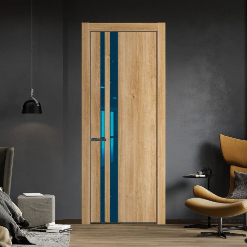 Межкомнатная дверь ProfilDoors 20 NE Дуб Карамель с кромкой Серая Ночь с стекляной вставкой зеркало blue
