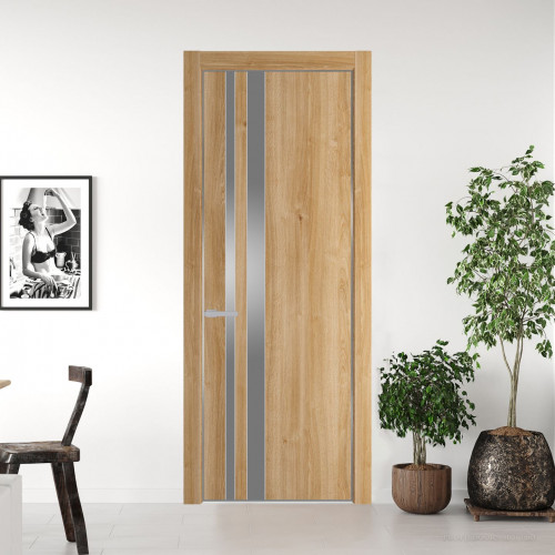 Межкомнатная дверь ProfilDoors 20 NE Дуб Карамель с кромкой Серебро с стекляной вставкой серебро матлак