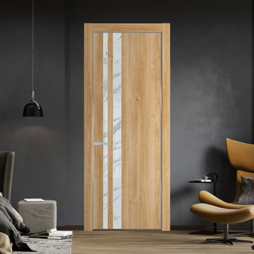Межкомнатная дверь ProfilDoors 20 NE Дуб Карамель с кромкой Серебро с стекляной вставкой нефи белый узор серебро