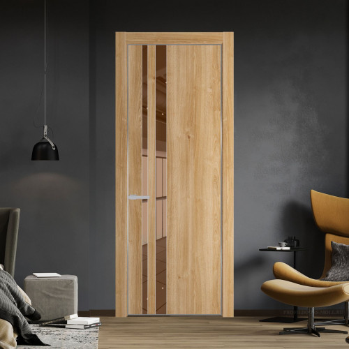 Межкомнатная дверь ProfilDoors 20 NE Дуб Карамель с кромкой Серебро с стекляной вставкой зеркало bronze