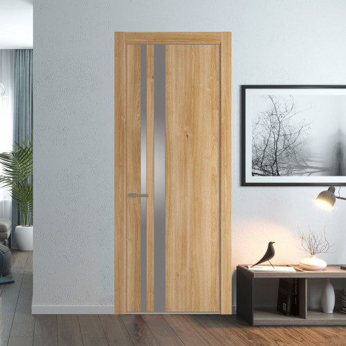 Межкомнатная дверь ProfilDoors 20 NE Дуб Карамель с кромкой Шампань с стекляной вставкой серебро матлак